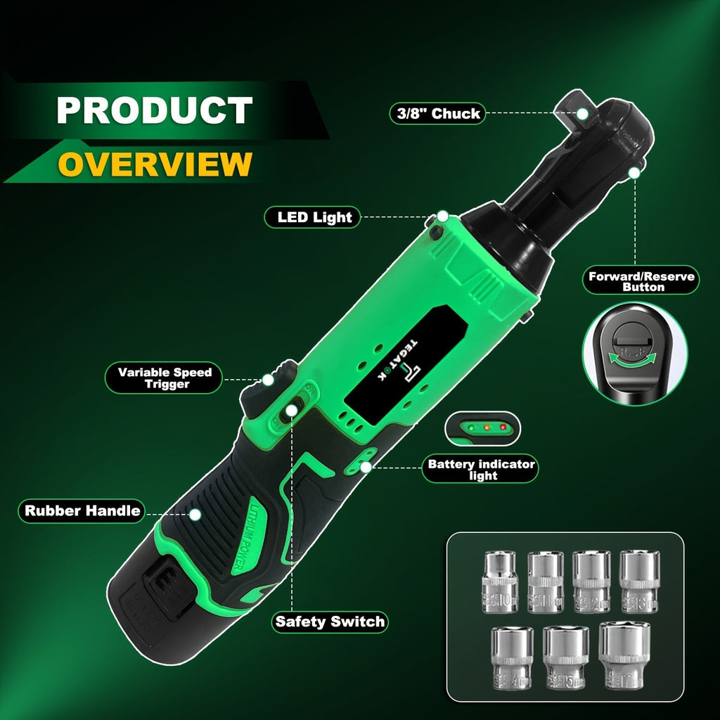 12V Cordless Ratchet Wrench Set 3/8 Drive 40 Ft-lbs Variable Speed – Fast Charge Lithium-Ion 7 Sockets for Automotive Repair DIY & Home Maintenance