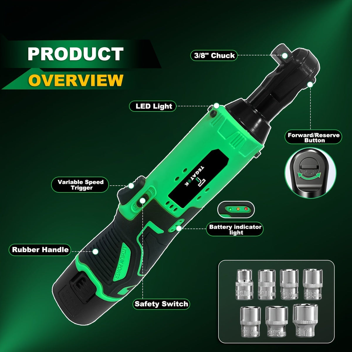 12V Cordless Ratchet Wrench Set 3/8 Drive 40 Ft-lbs Variable Speed – Fast Charge Lithium-Ion 7 Sockets for Automotive Repair DIY & Home Maintenance