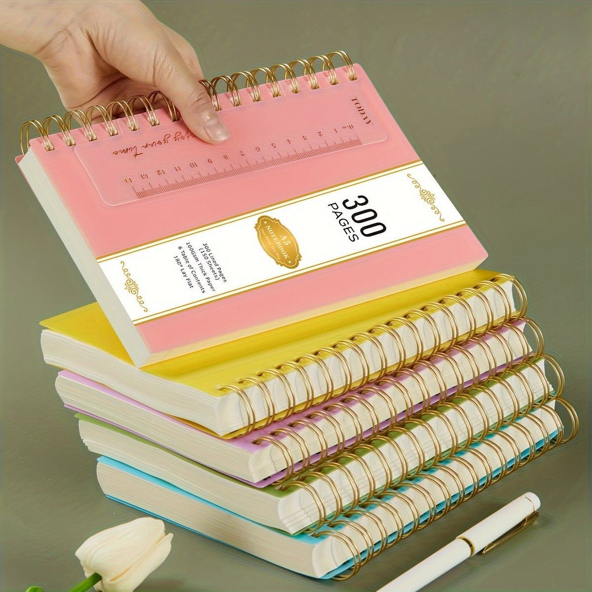 Spiral Notebook 3 Pack A5 Hardcover College Ruled 300 Pages 100GSM Thick Paper PVC Cover Notepad Set for Women Girls Students School Office Journaling 5.7x8.4 with Built-In Ruler