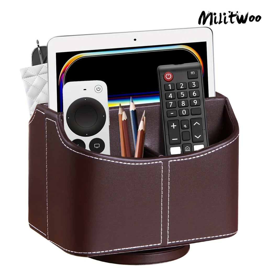 360 Swivel Remote Control Holder 5-Compartment PU Leather Desk Organizer for TV Remotes Phones Eyeglasses Pens Rotating Desktop Storage Caddy