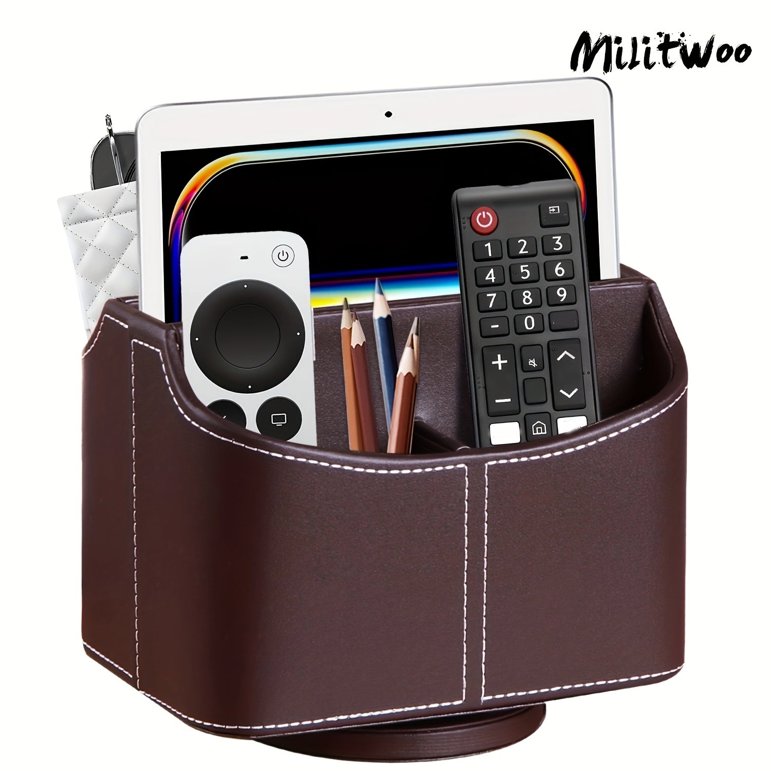 360 Swivel Remote Control Holder 5-Compartment PU Leather Desk Organizer for TV Remotes Phones Eyeglasses Pens Rotating Desktop Storage Caddy