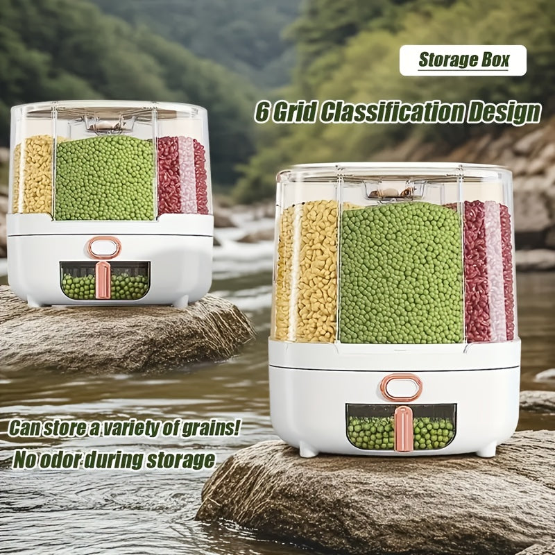 Rotating Cereal Dispenser 6-Grid Large Capacity Airtight Rice Storage Container, Moisture-Proof Insect-Proof Grain Dispenser with Transparent Window & Press Button, Food-Grade PP for Rice Grains Flour