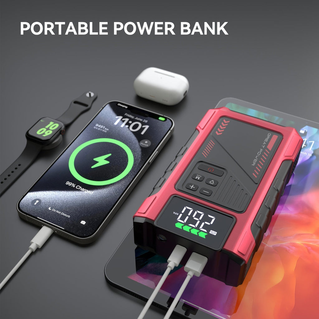 9 in 1 Portable Jump Starter with Air Compressor for 12V Cars Up to 8.0L Gas 6.5L Diesel Battery Booster Pack Tire Inflator USB Power Bank LED Emergency Light Safety Hammer Roadside Kit