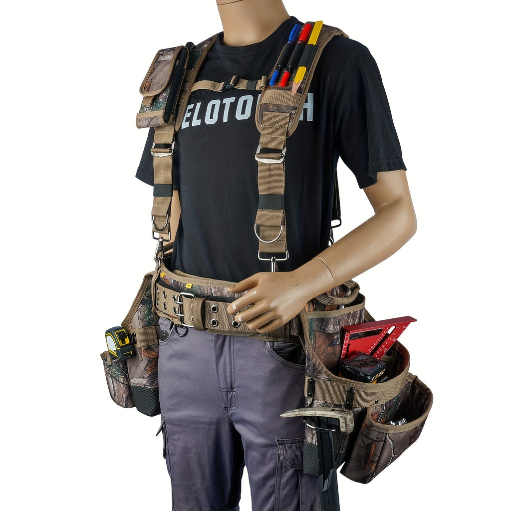 Heavy Duty Tool Belt with Suspenders 5-Piece Set – 1680D Ballistic Fabric, Carpenter Framer Construction Pouch with Phone Holder & Hammer Loop, Fits Electricians, Roofers & Contractors