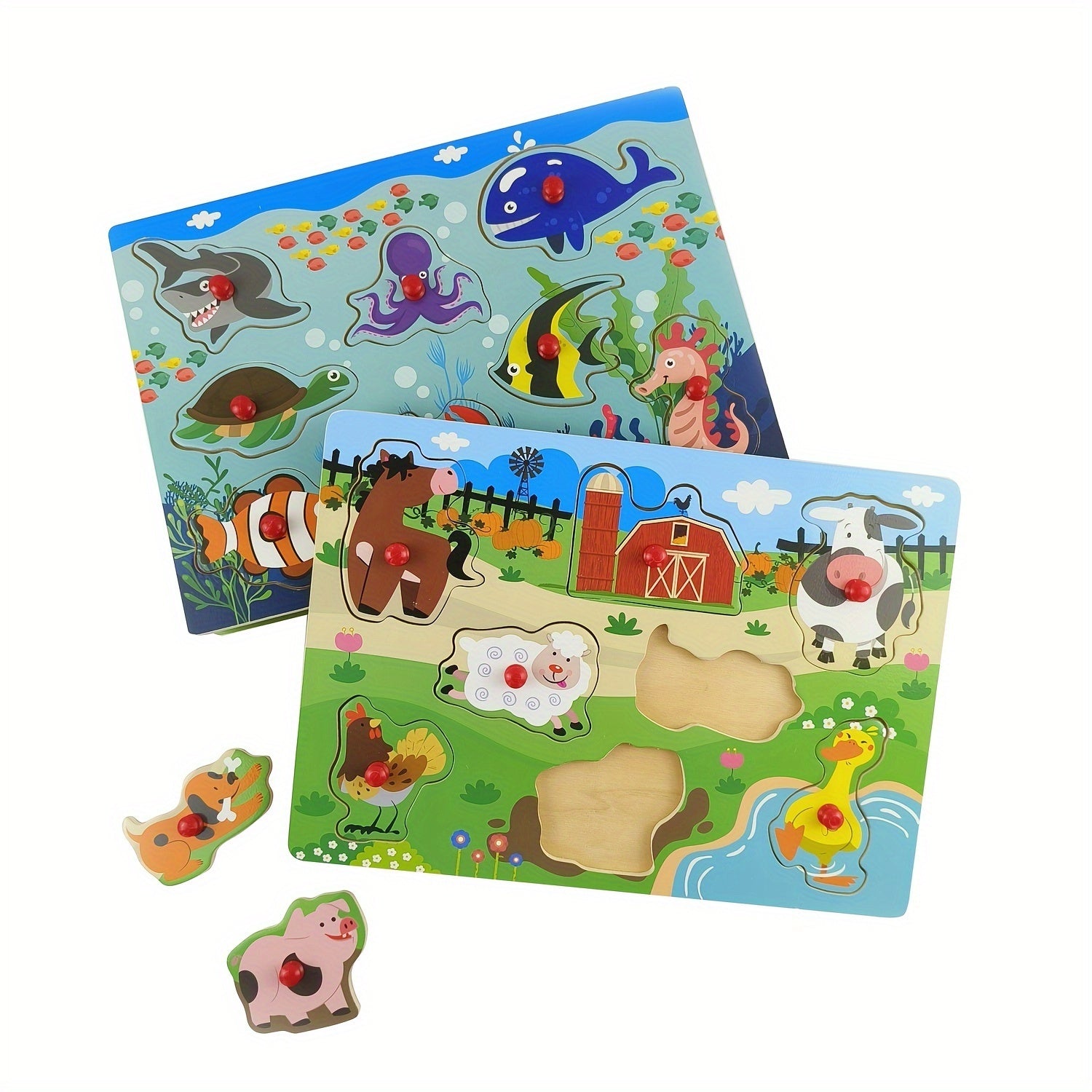 Wooden Peg Puzzle Set of 4 Toddlers 32 Pieces Chunky Knob Puzzles Farm Zoo Animal Themes Montessori Learning Toy for Ages 1 2 3 Fine Motor Skills Birthday Christmas Easter Gift Boys Girls