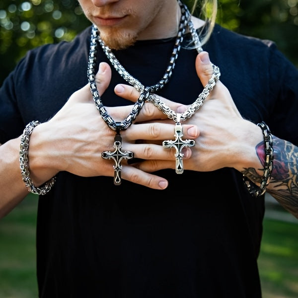 304 Stainless Steel Cuban Chain Necklace & Bracelet Set for Men – Religious Cross Pendant, Tarnish-Resistant Hip Hop Jewelry, Silver Tone, Daily Wear & Gift