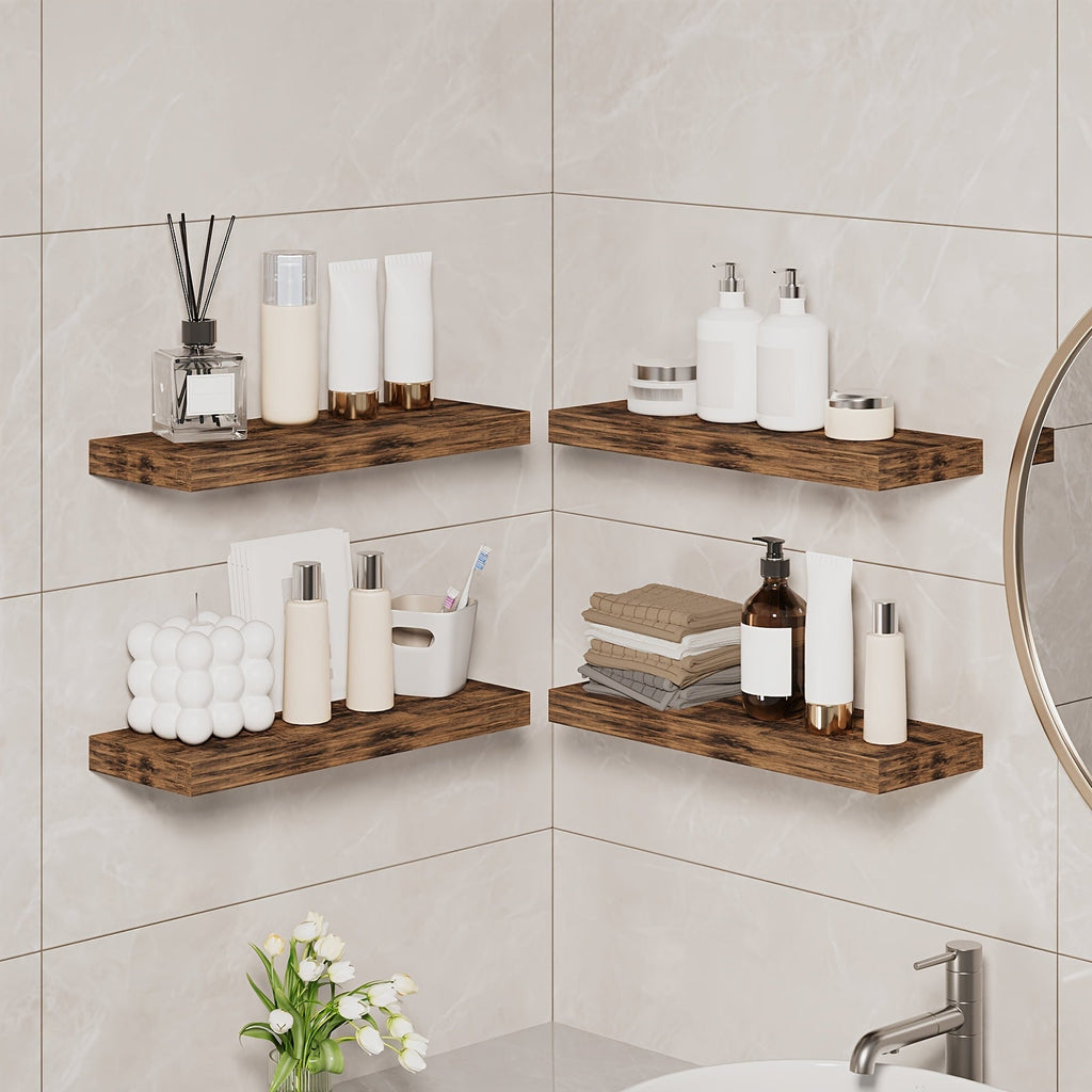Floating Wall Shelves 15.8 Inch Rustic Finish with Invisible Brackets for Wall Decor Home Storage – 4 or 8 Pack in Rustic Brown Black Walnut