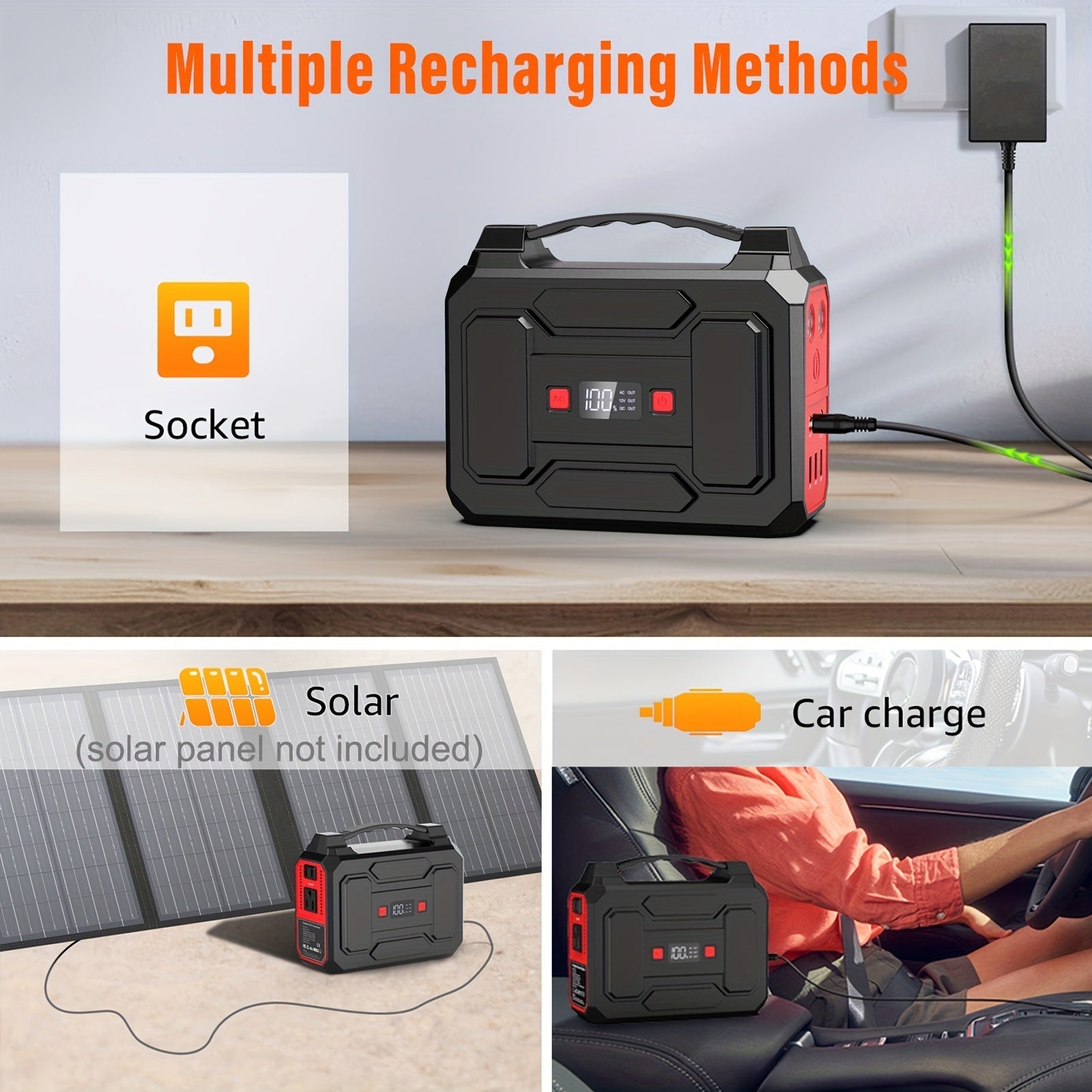 Portable Power Station 100W 300W Solar Generator AC Outlet USB QC3.0 Fast Charge DC Port LED Flashlight High Capacity Battery Pack for Camping Hiking CPAP Emergency Backup Power