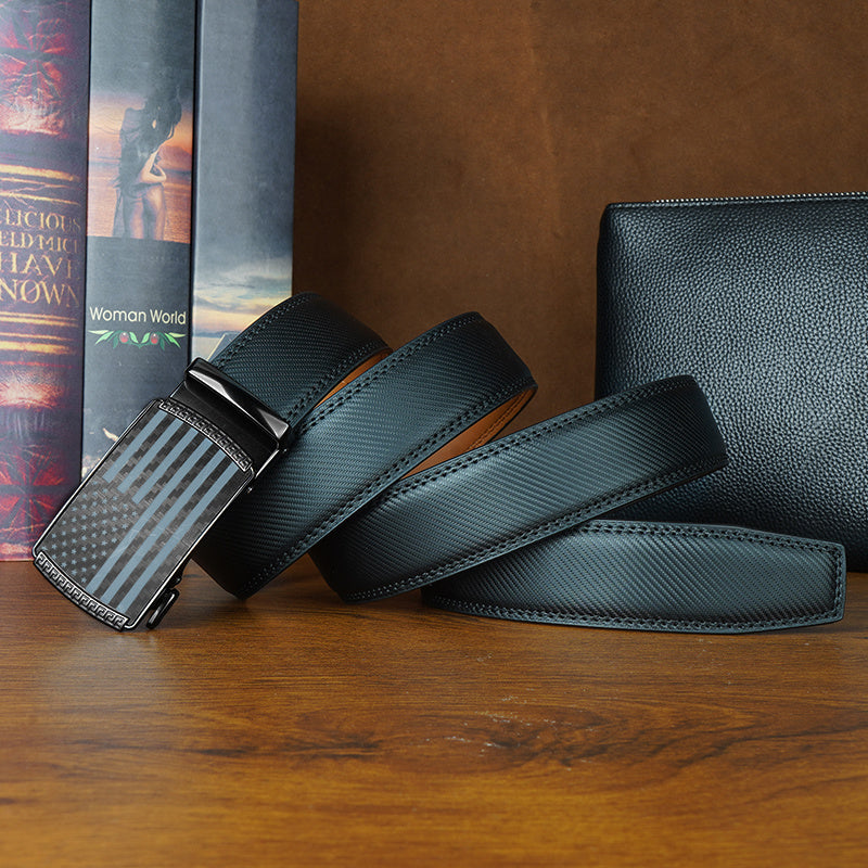 Set of 2 Men's Split Leather Ratchet Belts – American Flag Design with Automatic Slide Alloy Buckle, Adjustable Golf & Casual Dress Belts in Black & Brown, Sizes 110cm to 130cm (Waist 30"-44")