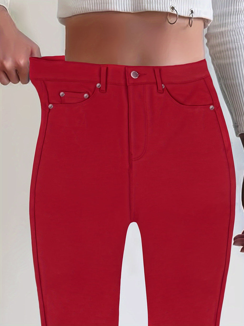 High Waist Stretch Skinny Jeans Women Metal Button Detail Street Style Slim Fit Denim Pants 10 Colors S-XXL