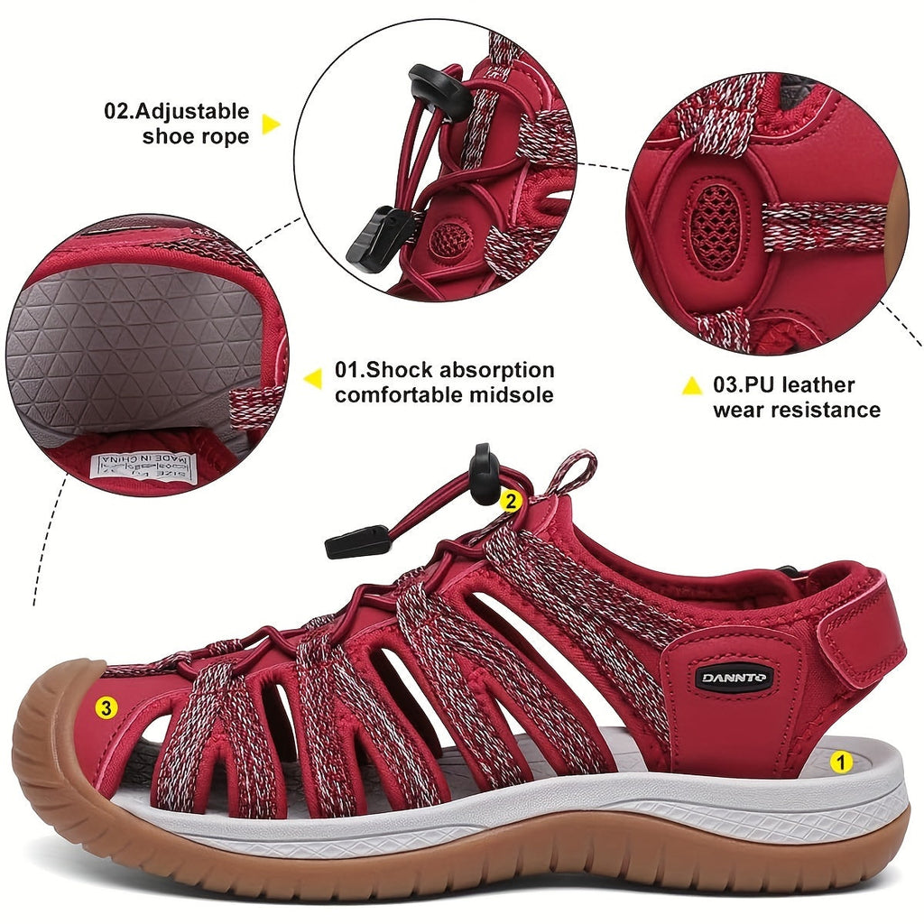Women's Closed Toe Hiking Sandals, Lightweight Non-Slip Water Sandals with Adjustable Bungee Lace & Hook-Loop Strap, Breathable Athletic Sport Outdoor Shoes for Beach Camping Fishing Travel Walking