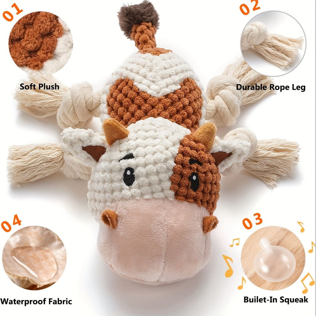 Squeaky Cow Dog Toy Plush Interactive Tug-of-War Rope with Crinkle Paper IQ Training Chew Toy for Small Medium Large Dogs Anxiety Relief Boredom Buster No Battery Needed