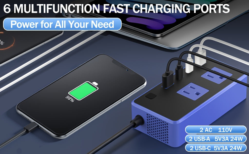 200W Car Power Inverter DC 12V to AC 110V with 24W USB-C Fast Charge & Dual USB-A 4.8A Ports Vehicle Outlet Adapter for Laptop Camping Travel Road Trip Power Converter