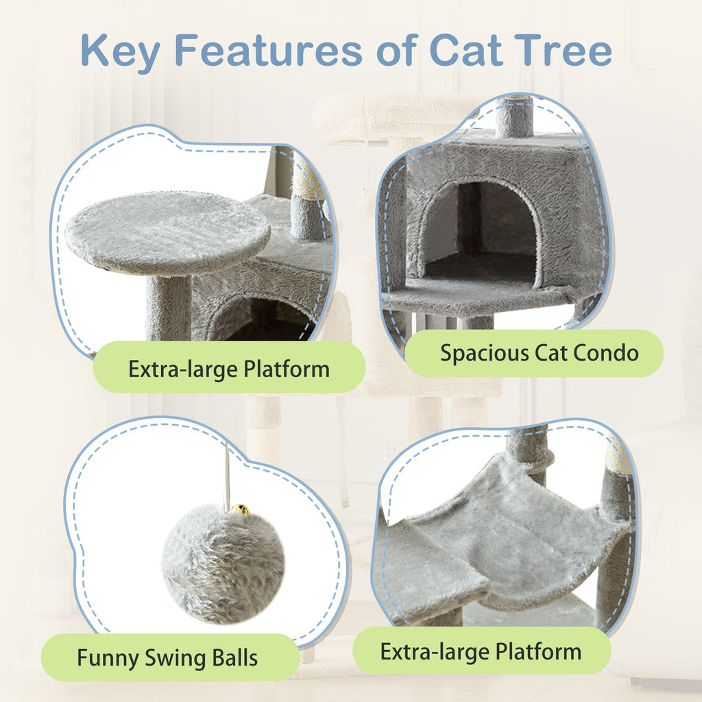 44-Inch Cat Tree Tower with Condo & Hammock Natural Sisal Scratching Posts Multi-Level Perches & Pet House – Indoor Cats Kittens Multi-Cat, Beige Gray Pink Black/Red