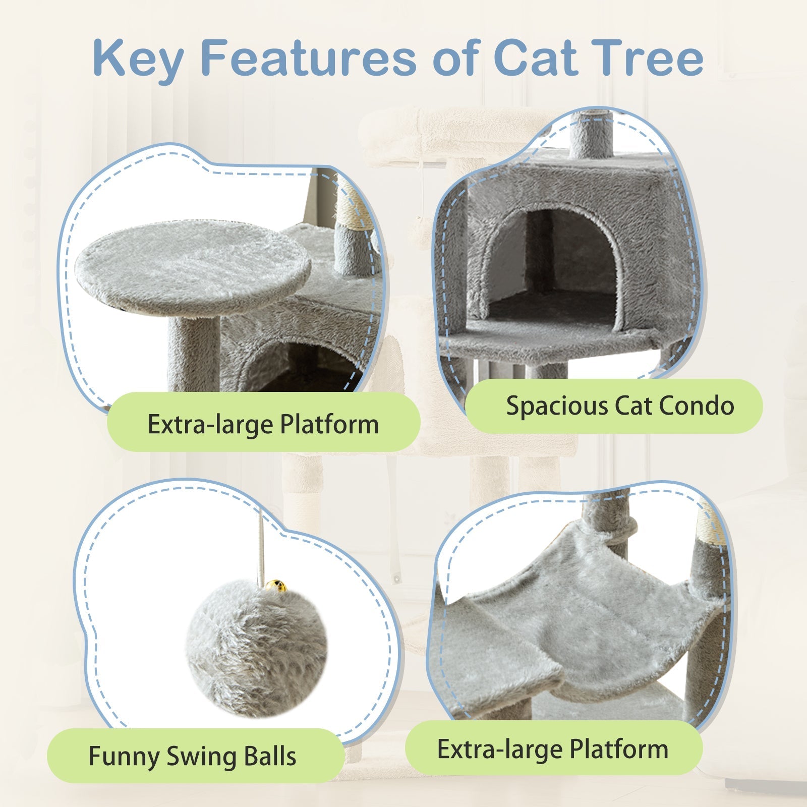 44-Inch Cat Tree Tower with Condo & Hammock Natural Sisal Scratching Posts Multi-Level Perches & Pet House – Indoor Cats Kittens Multi-Cat, Beige Gray Pink Black/Red