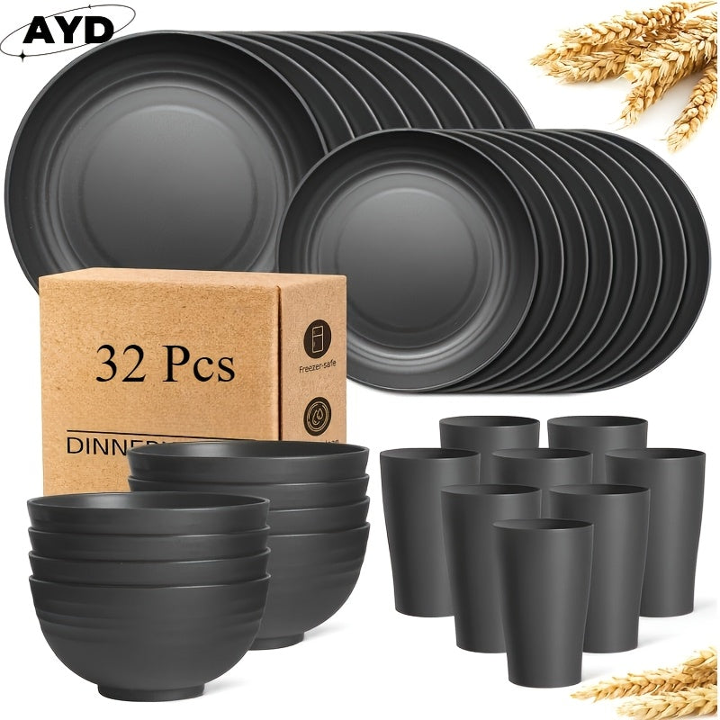 Wheat Straw Dinnerware Set 16 or 32 Piece – Unbreakable Lightweight Dishwasher Microwave Safe Plates Bowls Cups Modern Kitchen Tableware Gift for Thanksgiving Christmas Housewarming