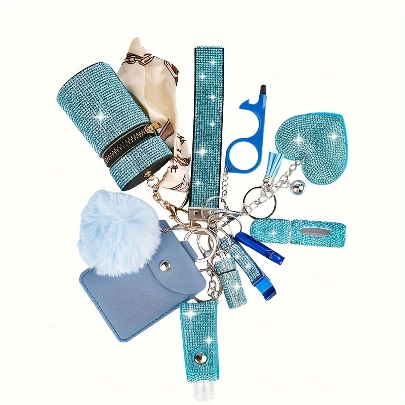 Rhinestone Keychain Set for Women 11 Piece – Multifunctional Keyring with Card Holder Pill Bottle Whistle Perfume Bottle Storage Bag & Quote Charms Gift for Her