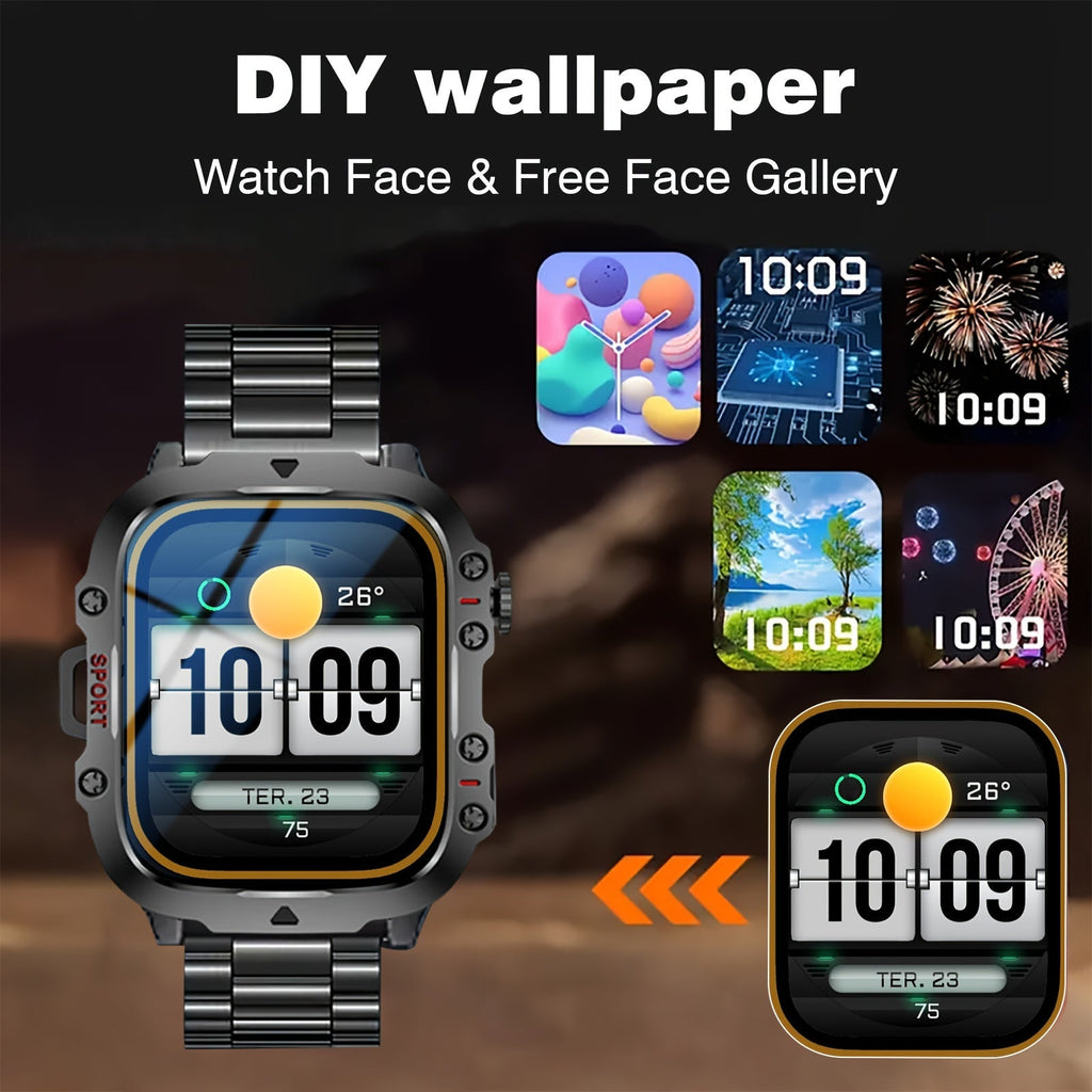 Men's Outdoor Smart Watch 1.81 Inch HD Touchscreen Wireless Calling LED Multiple Sports Modes USB Charging Fitness Tracker Compatible with Android iPhone Silicone Stainless Steel Band Black Gold