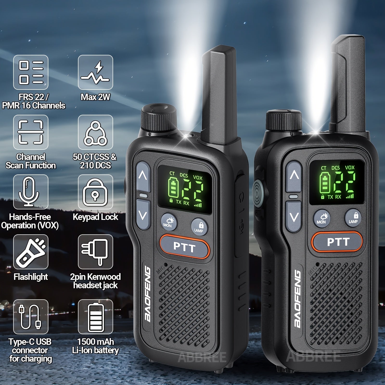 Baofeng BF-T18 FRS Walkie Talkies 2-Pack Long Range – NOAA Weather Alert, VOX Hands-Free, 1500mAh USB-C Rechargeable, LED Flashlight for Hiking, Camping, Hunting & Outdoor Adventures