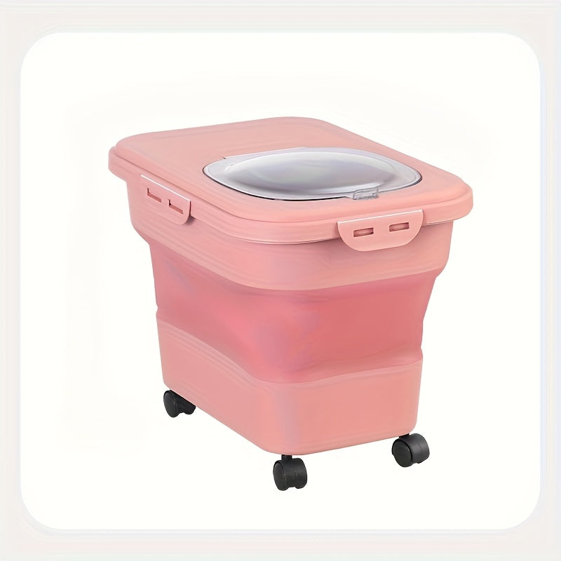 Large Airtight Pet Food Storage Container with Wheels – Moisture & Insect Resistant Sealed Bin with Measuring Cup & Foldable Design for Cat & Dog Dry Food, Off-White Green Pink