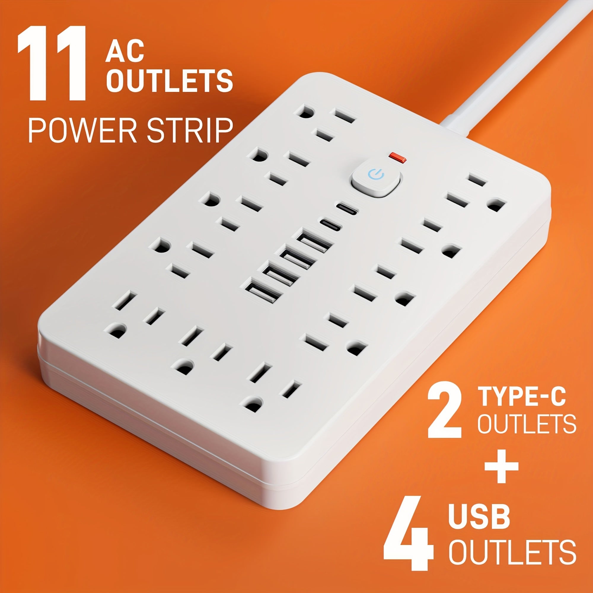 17-in-1 Power Strip Surge Protector 11 AC Outlets 4 USB-A 2 USB-C Ports Flat Plug Space-Saving Extension Cord Home Office Desk Kitchen Bedroom 5ft 10ft White Black