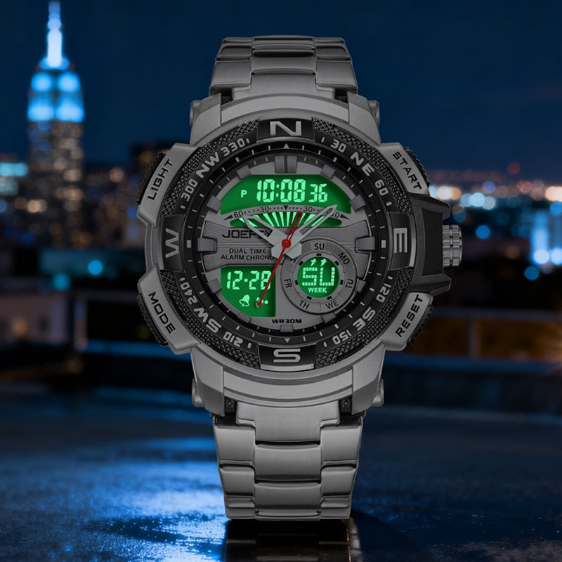 Dual Display Sport Watch for Men Large Face – LED Night Light 3ATM Waterproof Chronograph Alarm Calendar Field Military Style Wristwatch Gold Silver, Perfect Gift for Him