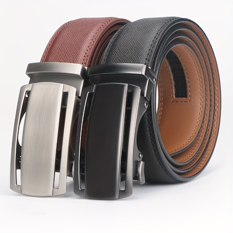 Men's Genuine Leather Ratchet Belt with Automatic Alloy Buckle – No-Hole Adjustable 110-130cm 3 Color Options Black Brown Business Casual Dress Belt Father's Day Birthday Christmas Gift