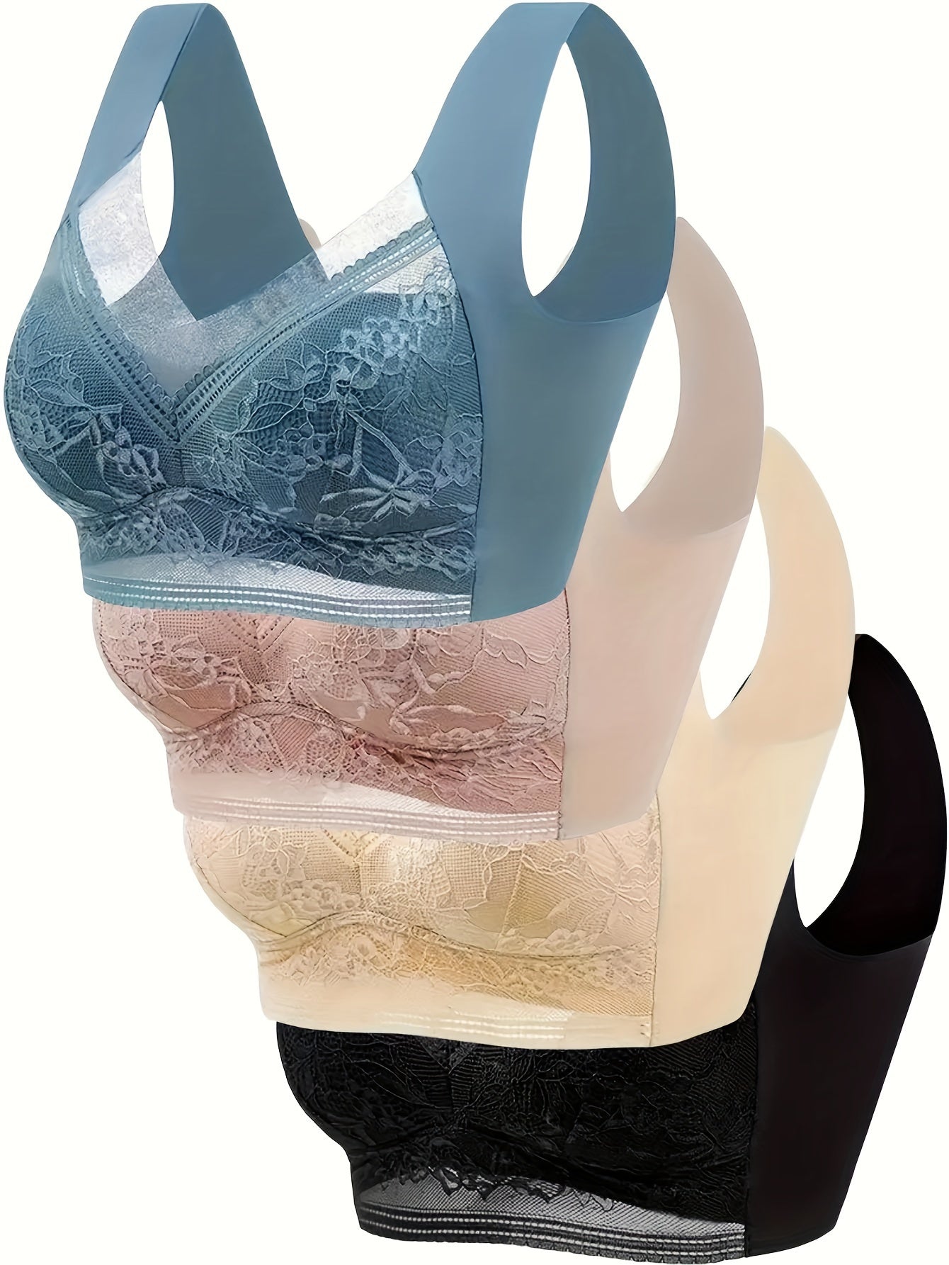 4 Pack Lace Ice Silk Bra Vest for Women – Wire-Free Gathered Support Traceless Seamless Camisole Bra with Beautiful Back Design, Breathable Thin Underwear S-XXL, 2 Multicolor Sets
