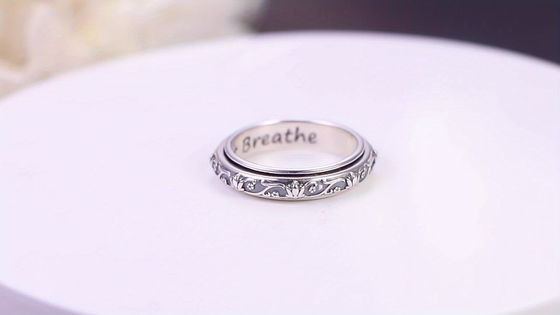 S925 Sterling Silver Lotus Flower Spinner Anxiety Ring – Just Breathe Oxidized Fidget Band for Stress Relief ADHD Autism Yoga, Unisex Worry Ring Sizes 8-12 Gift for Women Men