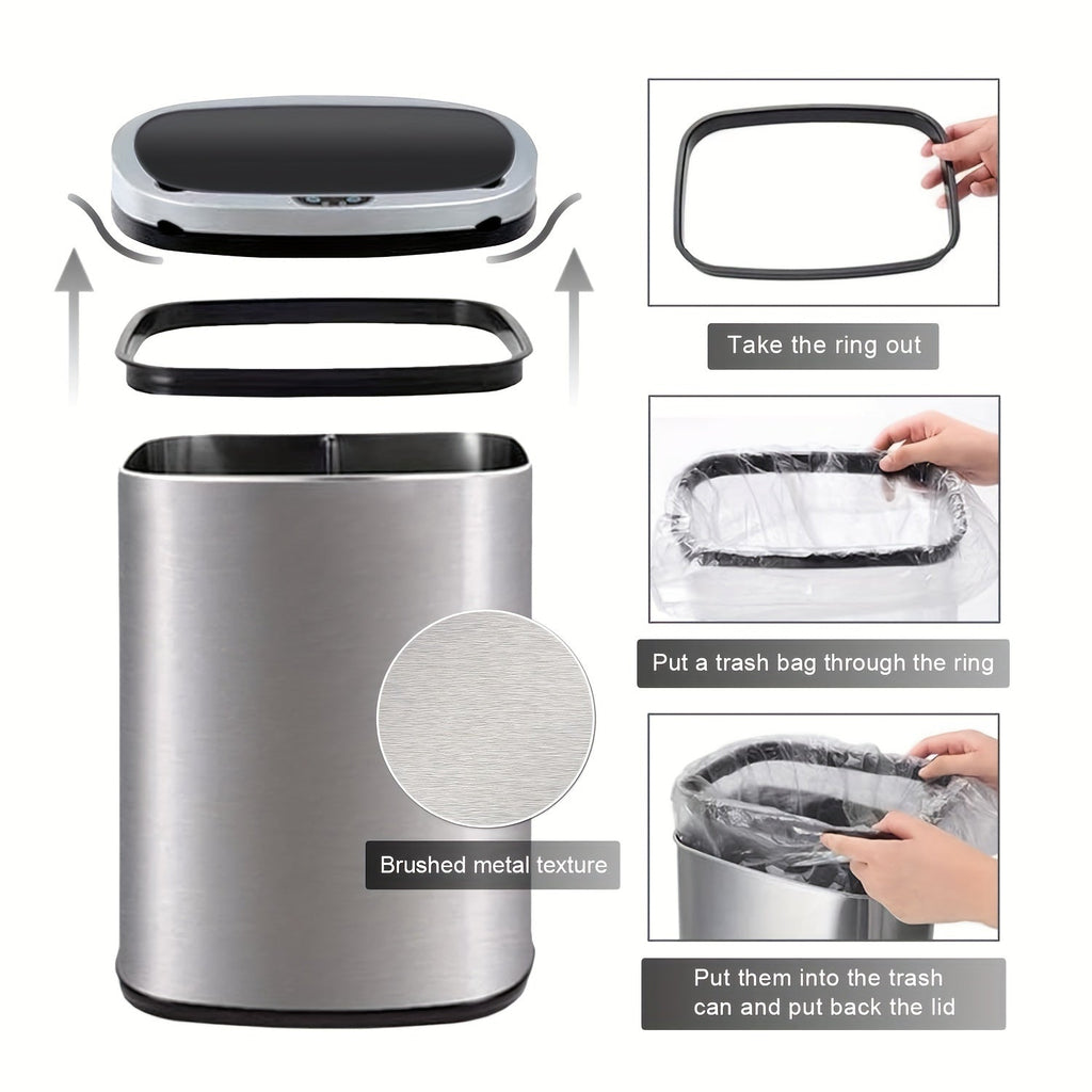 13 Gallon Touchless Trash Can 50L Automatic Motion Sensor Kitchen Waste Bin Stainless Steel & Plastic for Kitchen Office Bedroom Living Room