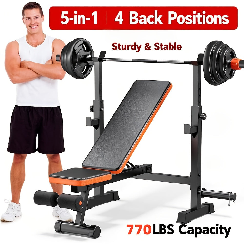 Foldable 6-in-1 Adjustable Weight Bench 770 LBS Home Gym – Flat Incline Decline Strength Training with Resistance Bands Preacher Curl Pad & Leg Developer for Full Body Workouts
