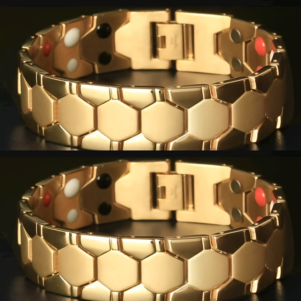 Men's Titanium Alloy Hexagonal Wide Bracelet 2-Piece Set – Hypoallergenic Water-Resistant Snap Ring Wristband Bold Geometric Fashion Jewelry Gift for Men Black Silver Gold