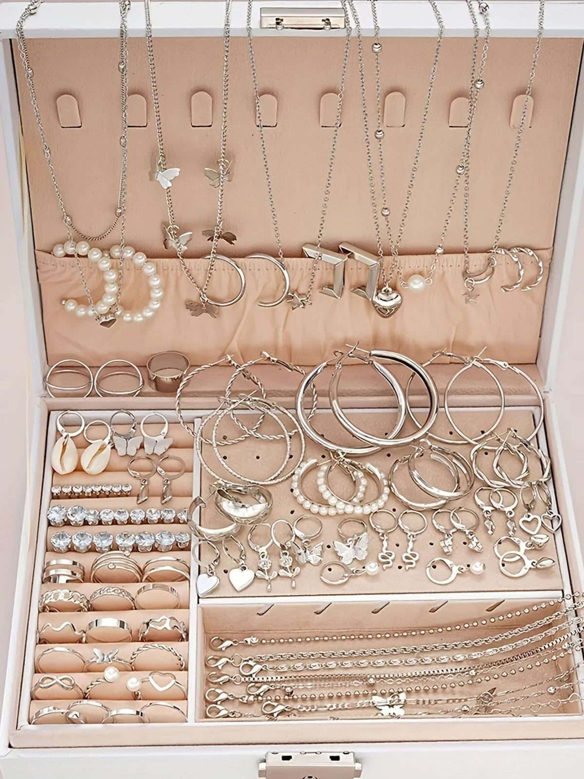 108pcs Imitation Pearl Jewelry Set for Women – Geometric Heart Butterfly Star Stackable Rings Earrings Necklace Bracelet, Fall Winter Fashion Accessories for Party Vacation Dating Holiday Gift