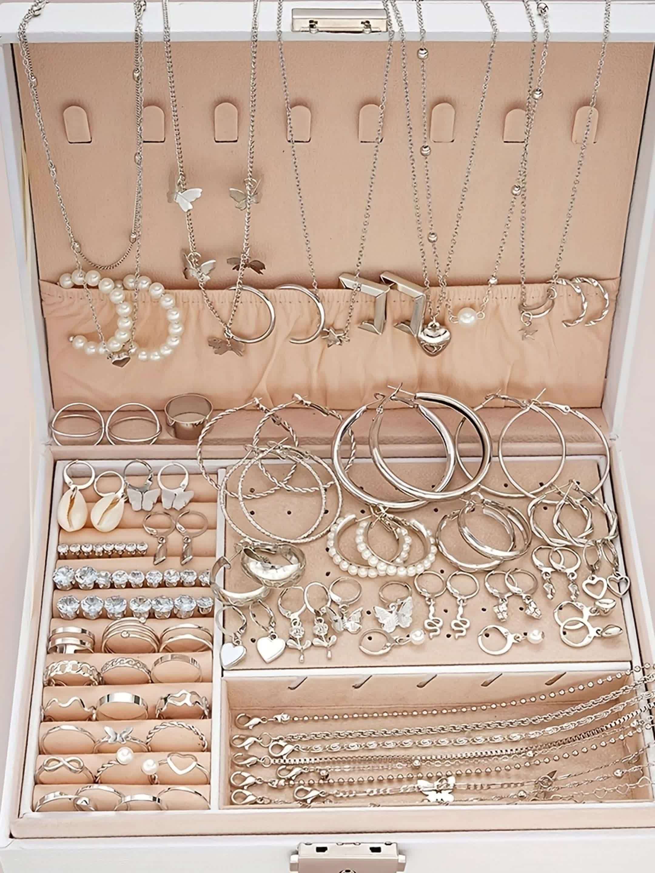 108pcs Imitation Pearl Jewelry Set for Women – Geometric Heart Butterfly Star Stackable Rings Earrings Necklace Bracelet, Fall Winter Fashion Accessories for Party Vacation Dating Holiday Gift