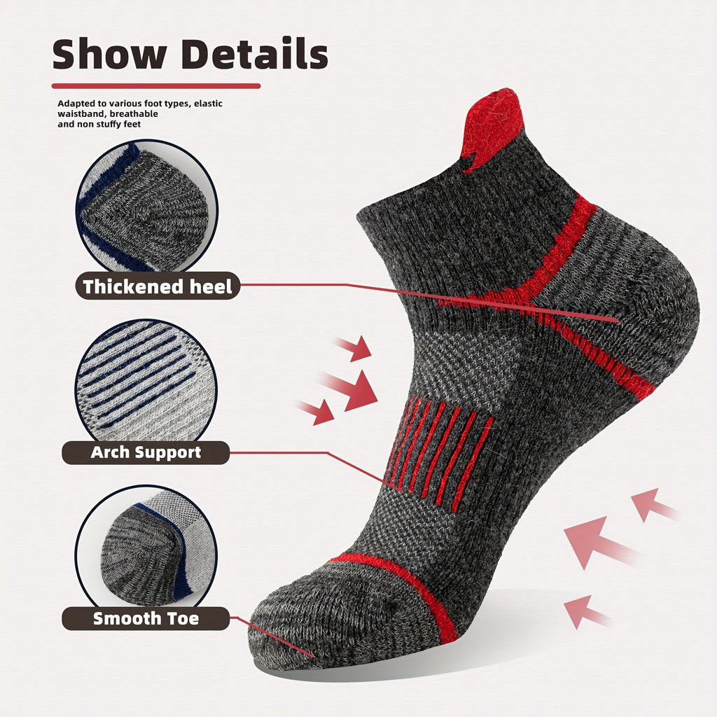 Merino Wool Hiking Socks 6 Pairs for Men & Women – Cushioned Ankle Compression Running Work Socks, Moisture-Wicking Breathable Low Cut No-Show Design, All-Season Blister-Free Comfort
