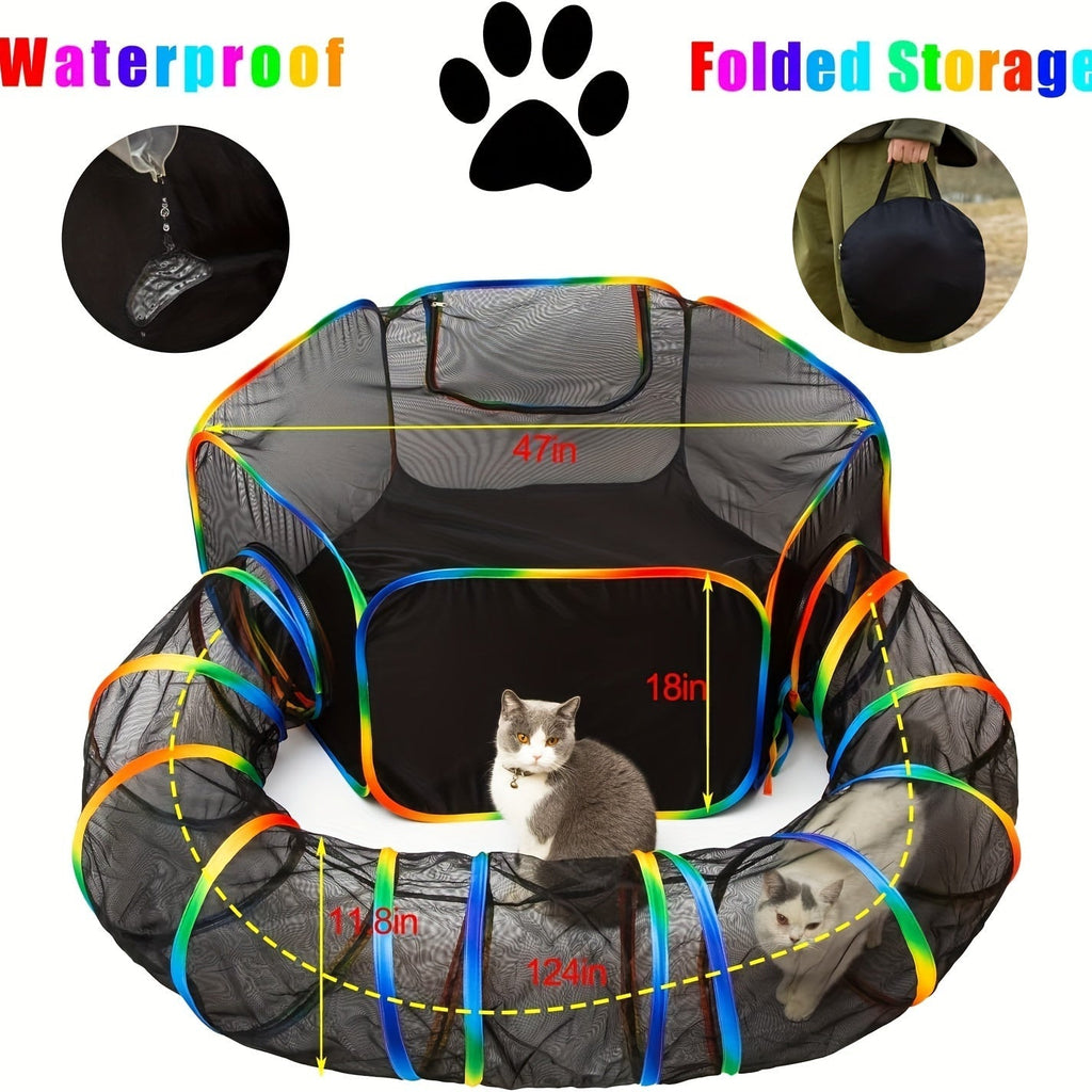 Rainbow Cat Playpen Outdoor Cat Enclosure with Circle Tunnel Portable Pop-Up Tent Foldable Cat Playground for Cats Kittens Rabbits Small Animals Indoor Outdoor Safe Exercise Space