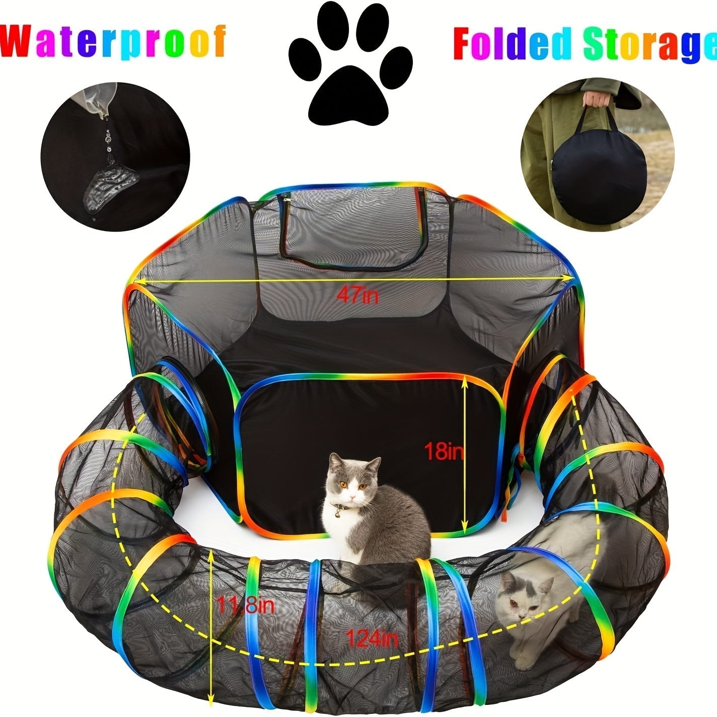 Rainbow Cat Playpen Outdoor Cat Enclosure with Circle Tunnel Portable Pop-Up Tent Foldable Cat Playground for Cats Kittens Rabbits Small Animals Indoor Outdoor Safe Exercise Space