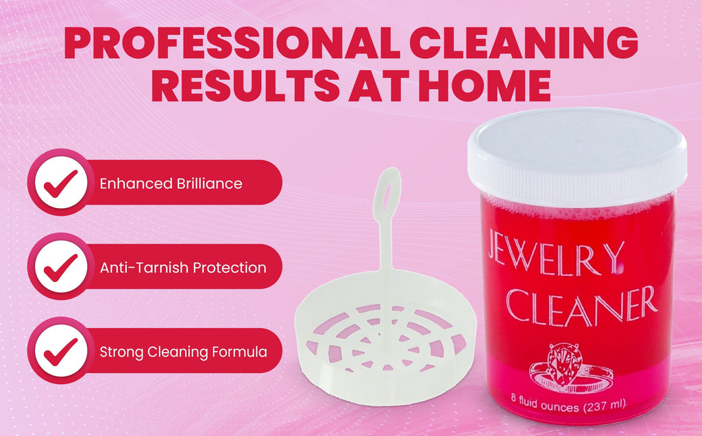 Jewelry Cleaner 8 fl oz for Gold, Silver & Platinum – Fast-Acting Dip Formula, Includes Strainer Basket, Cleaning Brush & Microfiber Cloth – Safe for Stones & Pearls