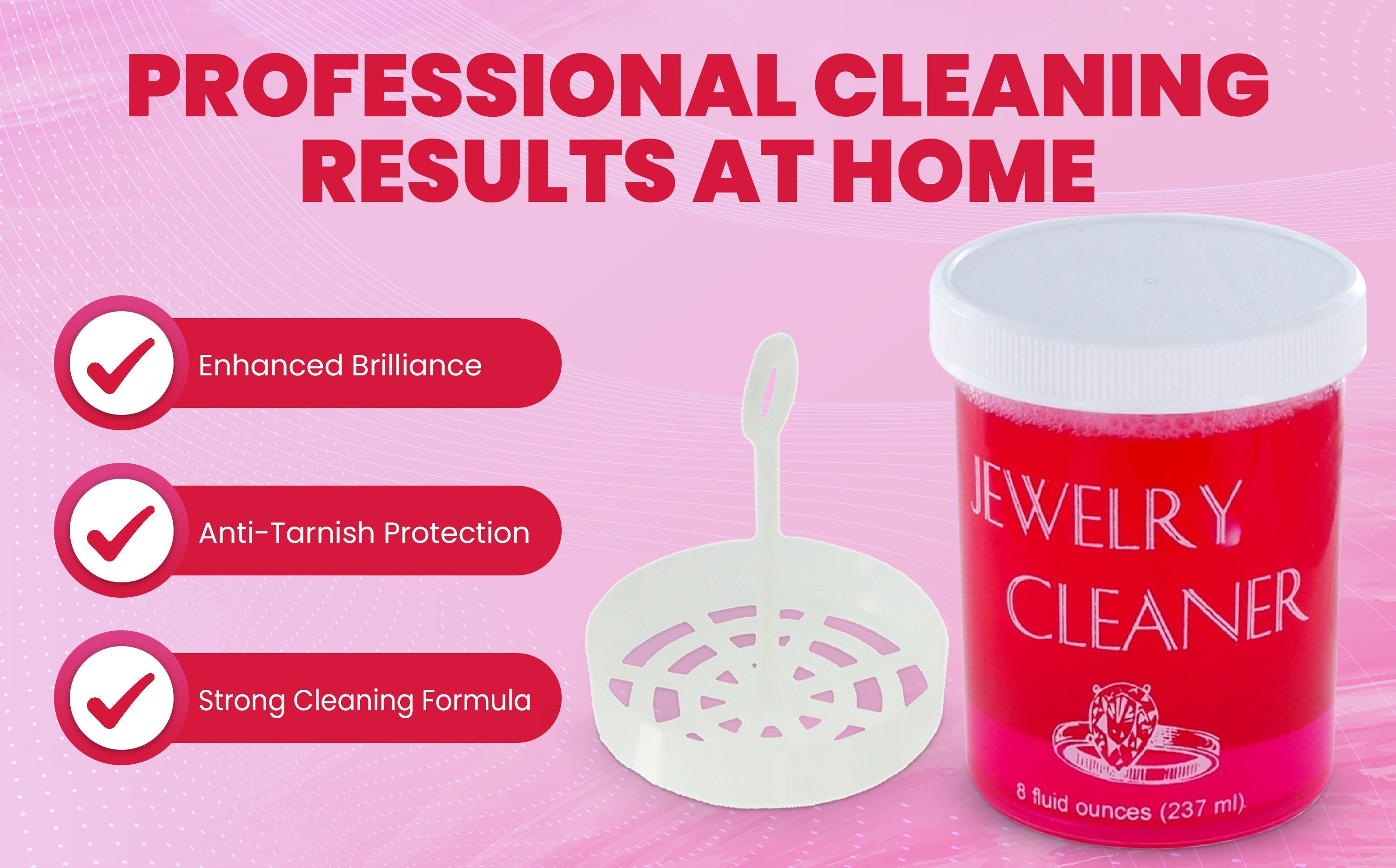 Jewelry Cleaner 8 fl oz for Gold, Silver & Platinum – Fast-Acting Dip Formula, Includes Strainer Basket, Cleaning Brush & Microfiber Cloth – Safe for Stones & Pearls