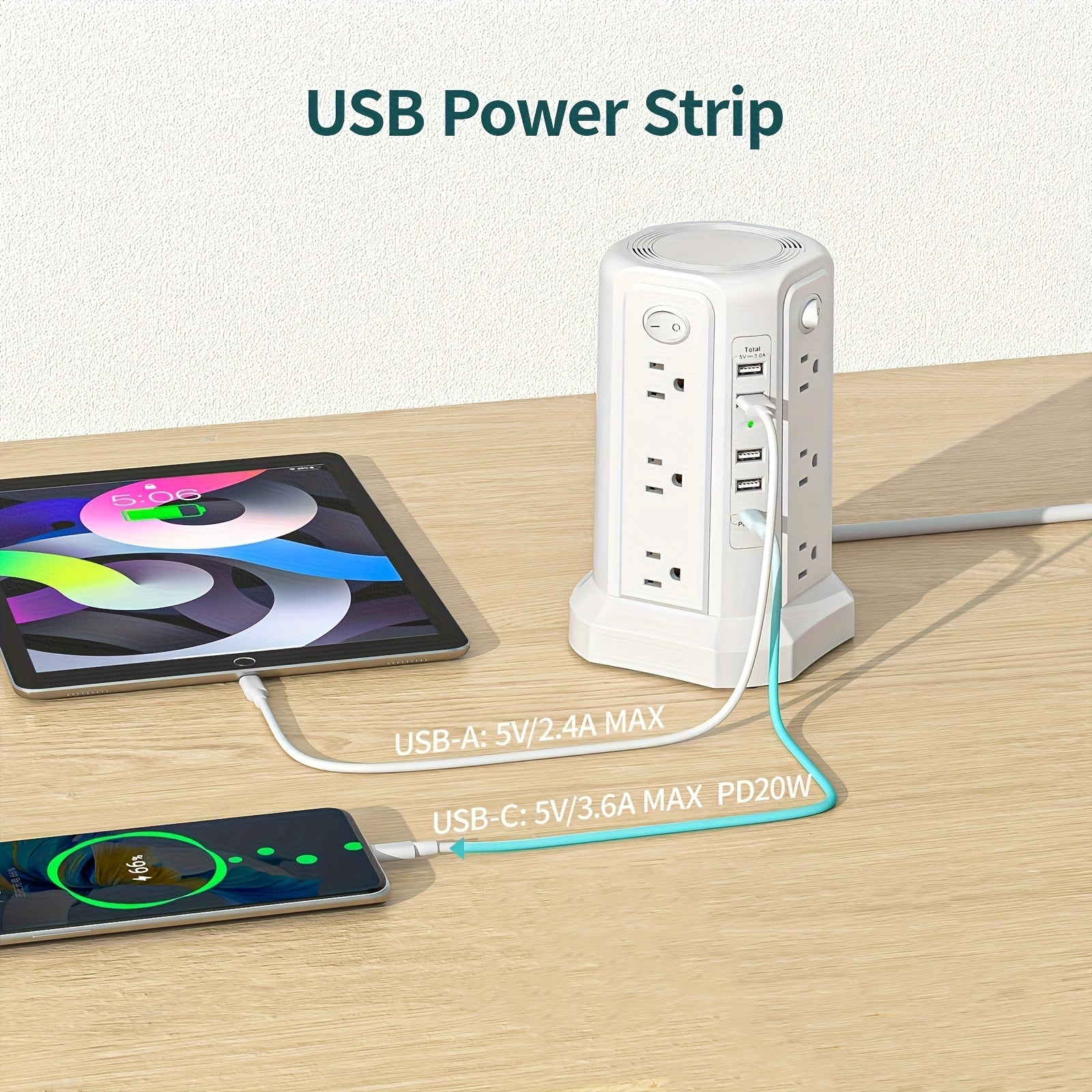 Tower Surge Protector Power Strip 12 Outlets 5 USB Ports PD 18W USB-C Fast Charging 10FT Extension Cord 1800J Surge Protection 4 Independent Switches Home Office Desk Dorm Room Vertical Design