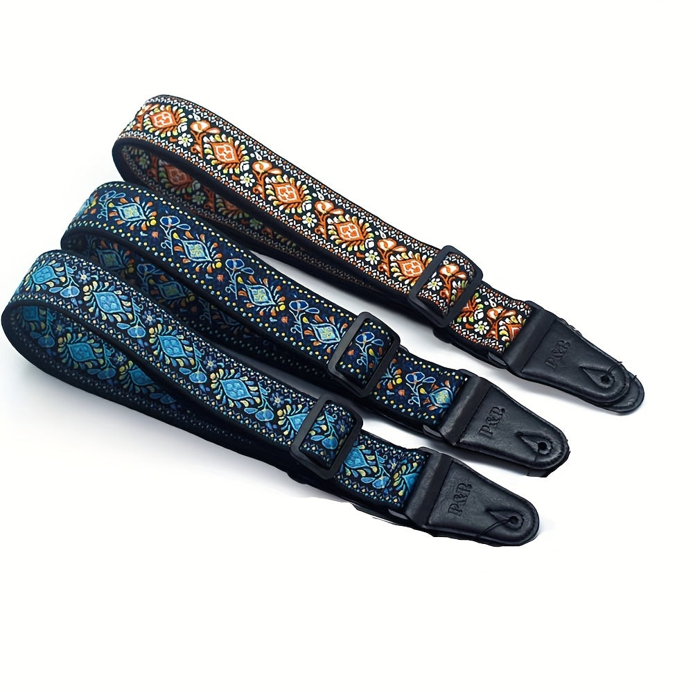 Adjustable Embroidered Guitar Strap with PU Leather Ends – Boho National Style, 35–57 Inch Length, Fits Acoustic, Electric, Classical Guitar & Bass, 11 Unique Designs