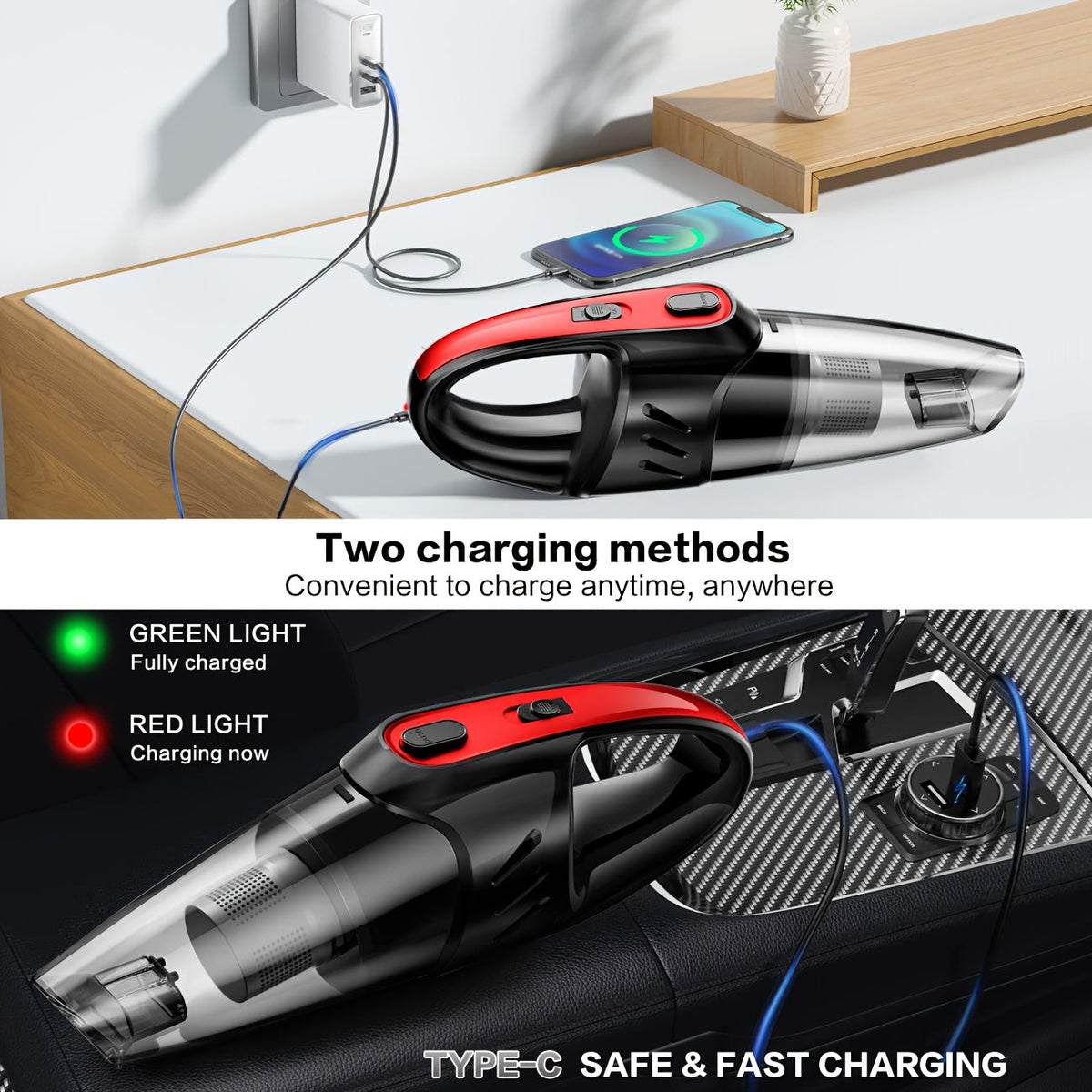 Handheld Car Vacuum Cleaner 6000PA Strong Suction 2000mAh Rechargeable Cordless 40dB Ultra Low Noise 5 Accessories One-Click Dust Cup for Car Interior Home Pet Hair Upholstery 6 Color Options