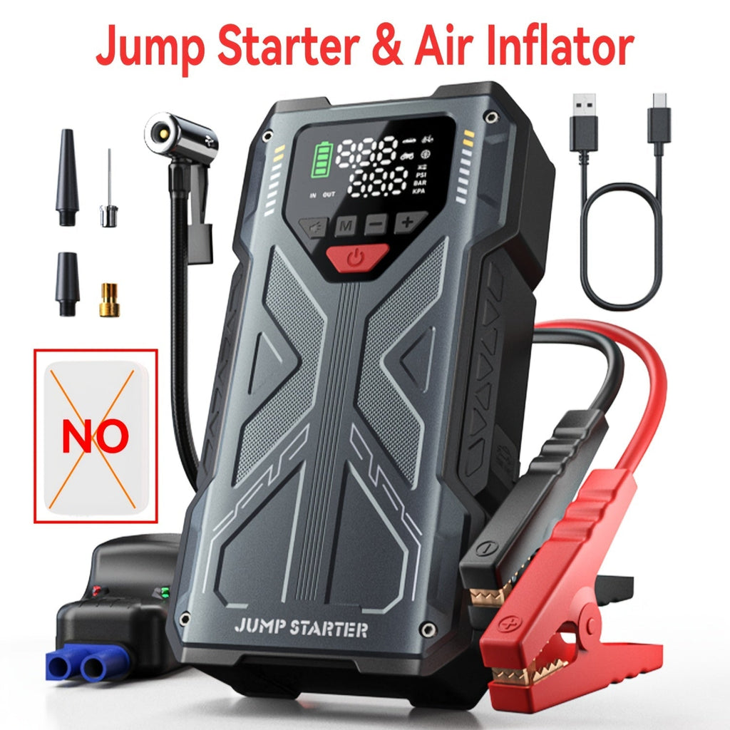 9 in 1 Portable Jump Starter with Air Compressor for 12V Cars Up to 8.0L Gas 6.5L Diesel Battery Booster Pack Tire Inflator USB Power Bank LED Emergency Light Safety Hammer Roadside Kit