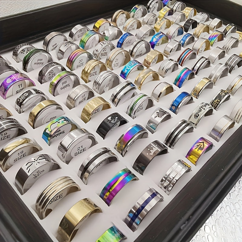 100 Pcs Stainless Steel Rings Bulk Set with Box – Assorted Mixed Styles Heart & Stripe Bands for Women, Men & Couples, Colorful Wholesale Jewelry Gift Pack, Random Assortment