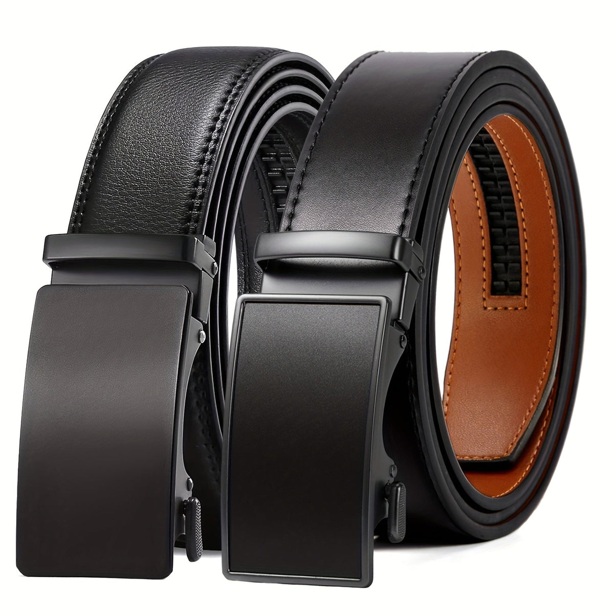 Men's Ratchet Belt 2 Pack Leather – Trim-to-Fit Adjustable Dress and Casual Belt for Men Waist 28" to 52" Black Brown Tan Navy Blue Gift
