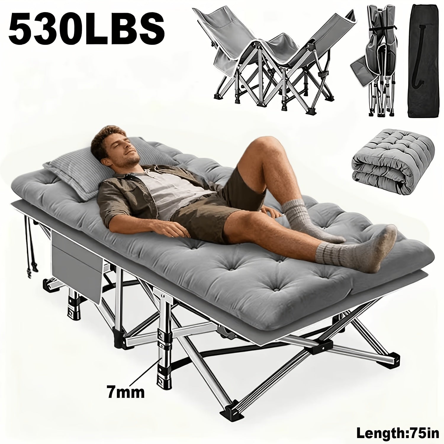 Heavy Duty Folding Bed with Optional Mattress up to 630 LBS – Portable Camping Cot with Multi-Leg Support, Side Pockets & Pillow, 59–77 Inch All Season Guest Napping Bed Space Saving