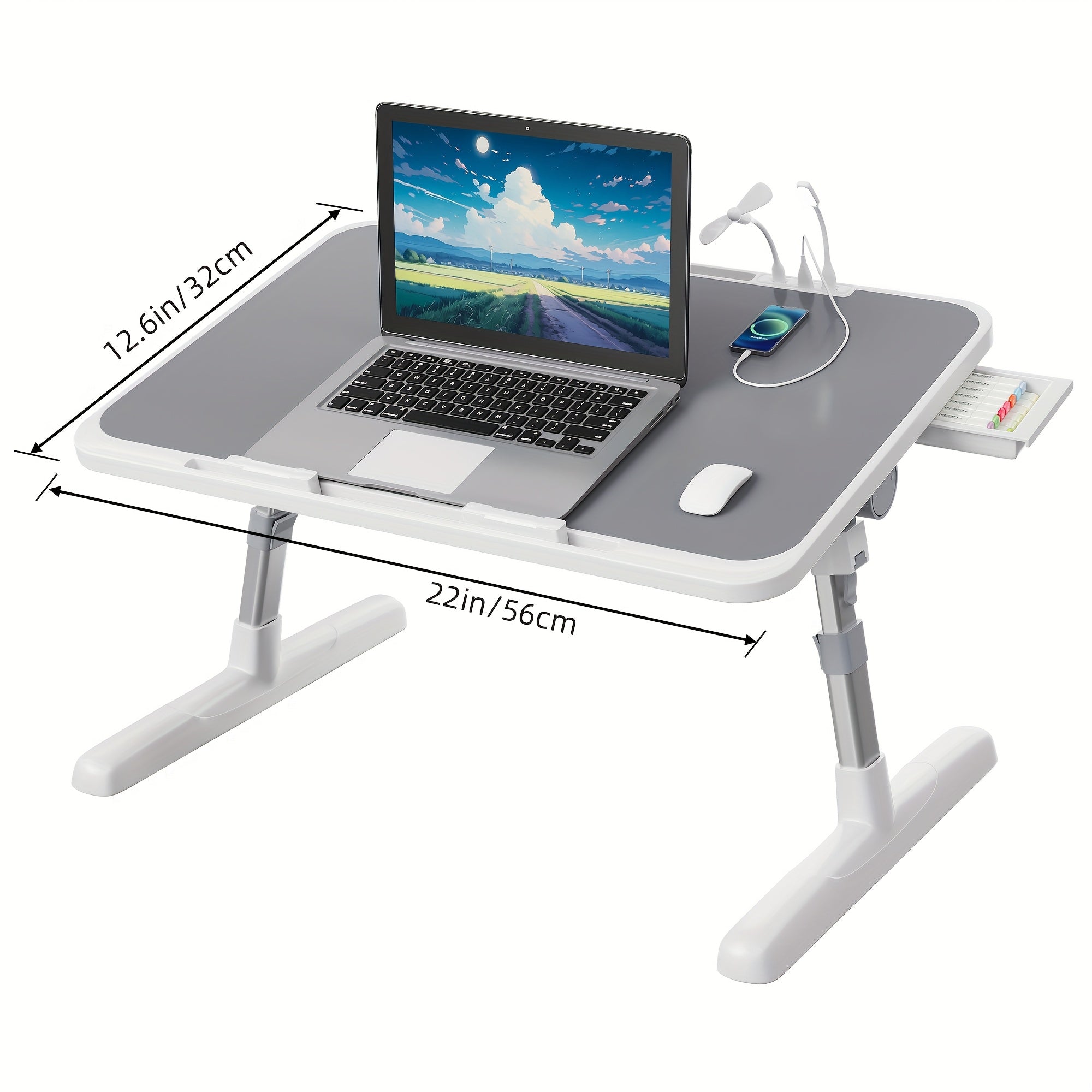 Lap Desk with USB Light Fan & Storage Drawer – Adjustable Portable Laptop Bed Tray Table for Bed Couch Sofa, Laptop Stand for Reading Writing Eating, 10 Colors & Sizes