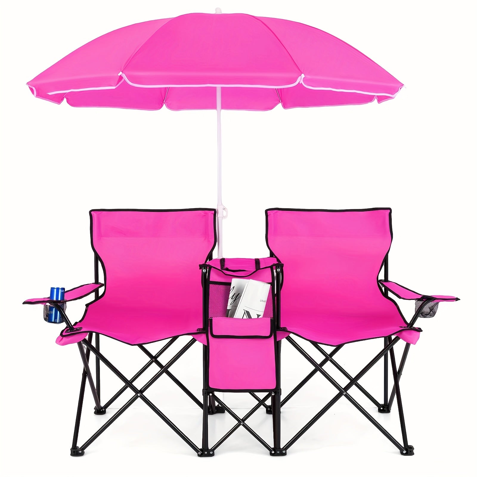 2-Person Folding Beach Chair Set with 59" Umbrella, Cooler Bag & Side Table – 600 lb Capacity Portable Loveseat for Beach, Camping, Picnic & Tailgate, Compact Collapsible Outdoor Chair