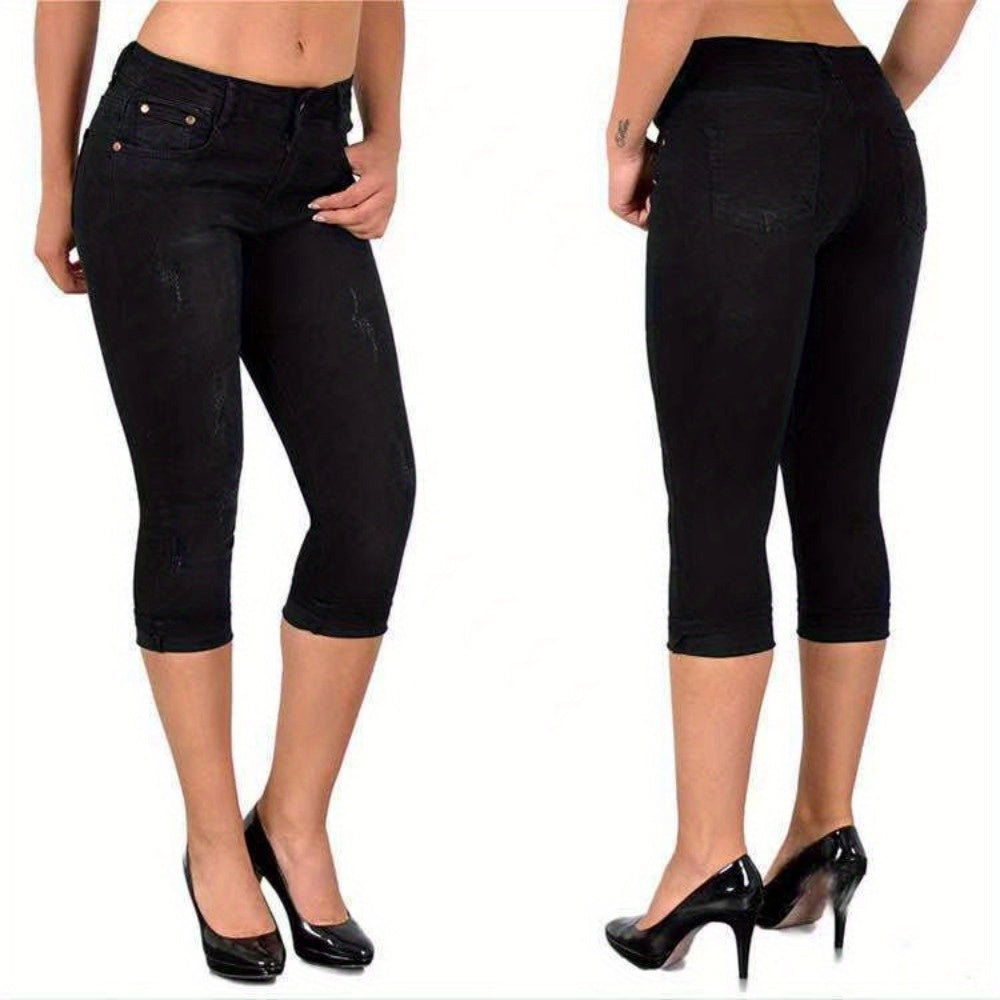Women's Stretch Skinny Capri Jeans – Slim Fit Cropped Denim Pants with Elastic Waistband, Soft Machine Washable Fabric, Street Style Summer Casual, 3 Colors, Sizes S-XXL