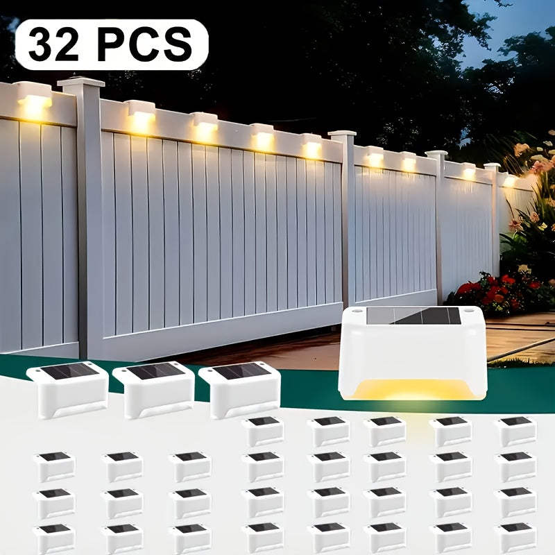 Solar LED Deck Lights Outdoor Stair Step Lights Auto On Off Dusk to Dawn 12 Hour Warm White 3500K for Fence Pathway Patio Balcony Yard Weatherproof ABS Pack of 8 16 or 32 No Wiring Required